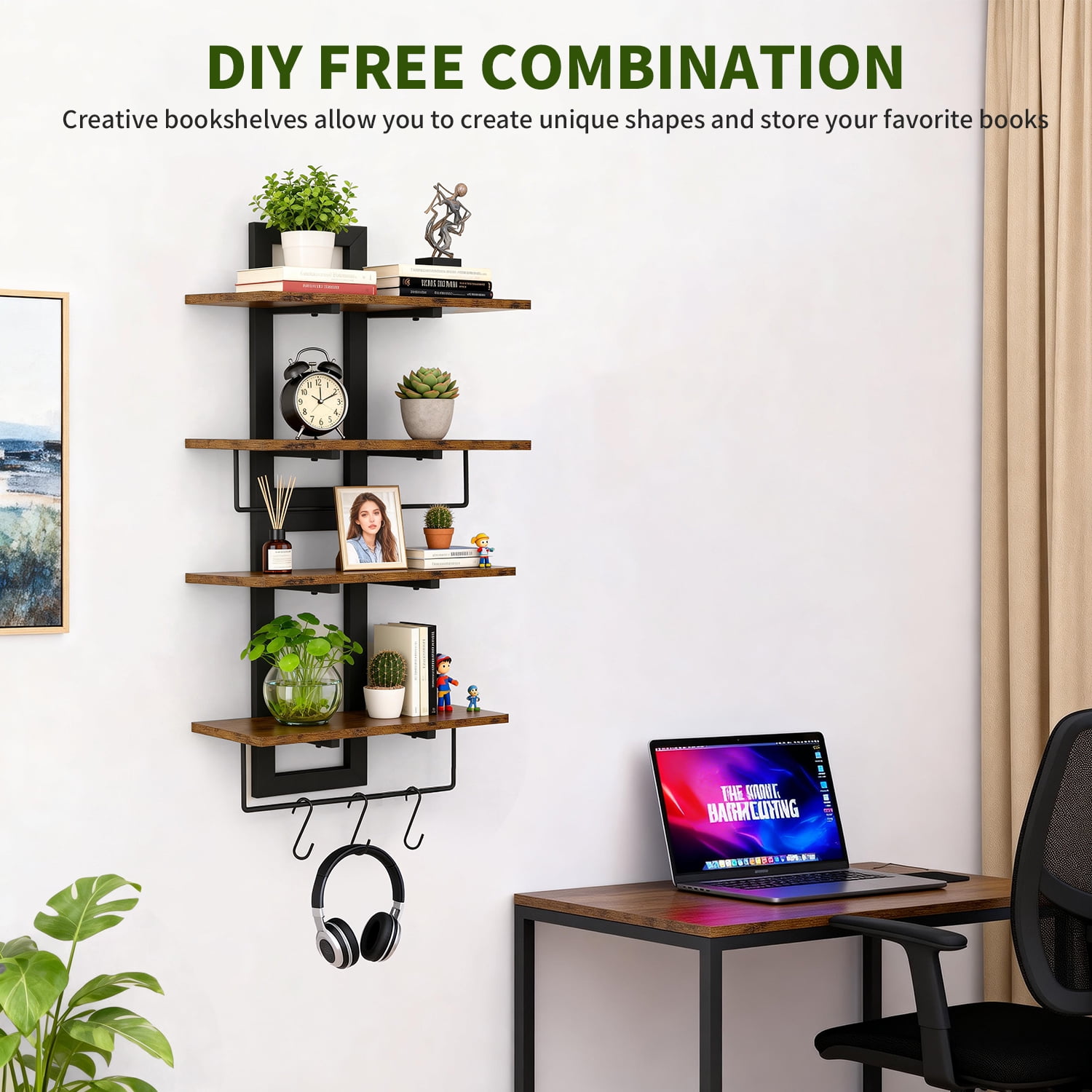 2-Tier Wood Floating Shelves Wall Mounted, Rustic Brown Decorative Storage Shelves for Bathroom Bedroom Living Room Kitchen, 2 Pack