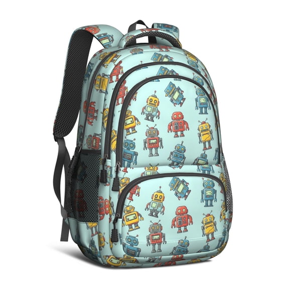 Robot and Blasters Blue Pattern Backpack for School, Cute School Bag with Adjustable Shoulder Straps and Padded Back, 16.9"x12.6"x5.9"
