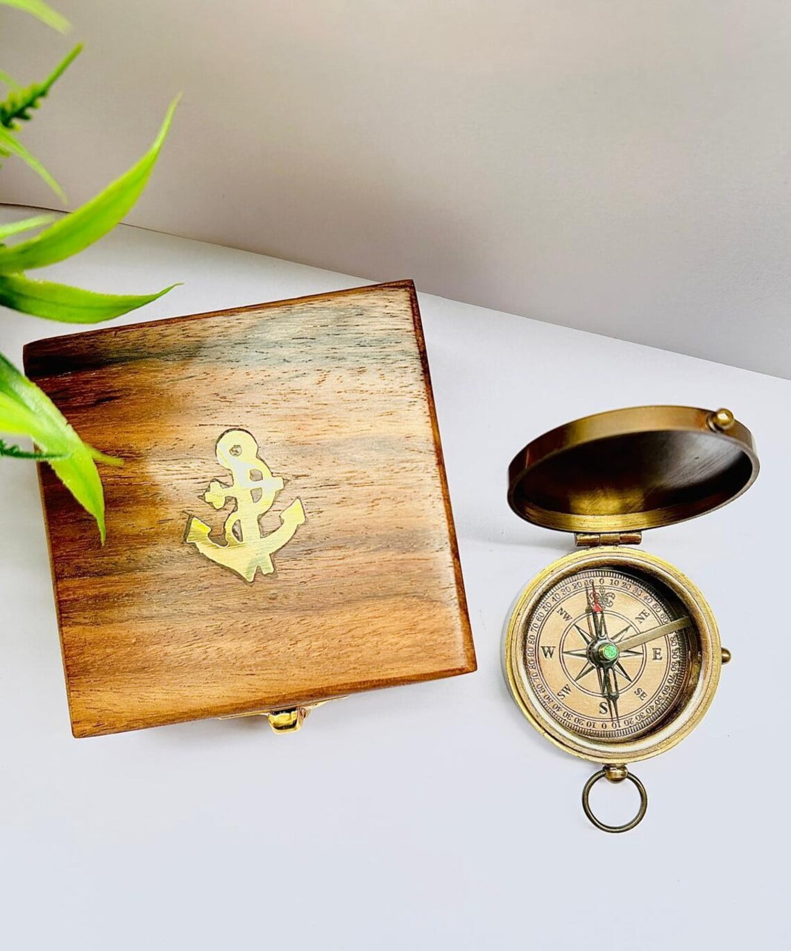 Solid Brass Vintage Nautical Explorer's Compass with Handcrafted Wooden box