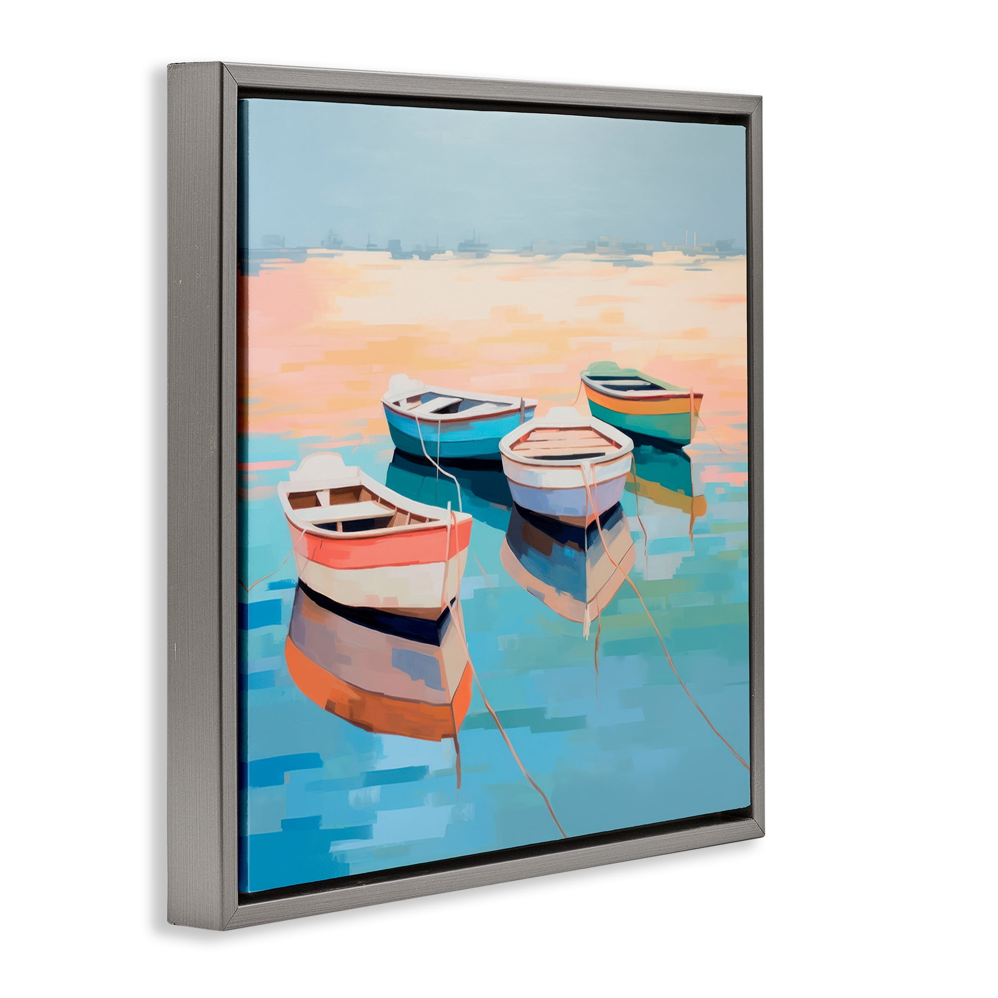 Stupell Industries Boat Reflection Shore Transportation Painting Gray Floater Framed Canvas Art Print Wall Art, 25 x 25