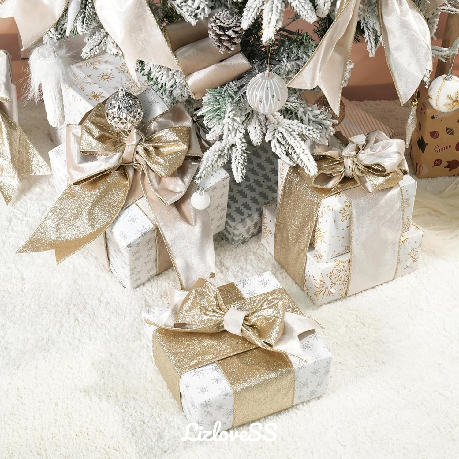 Champagne Velvet Wired Ribbon with Glitter Back 4 Inch Ivory and Gold Christmas Wired Ribbon for Christmas Tree Decorations, Gift Wrapping, Mantel, Wreaths Supplies, Topper Bows (10 Yards)