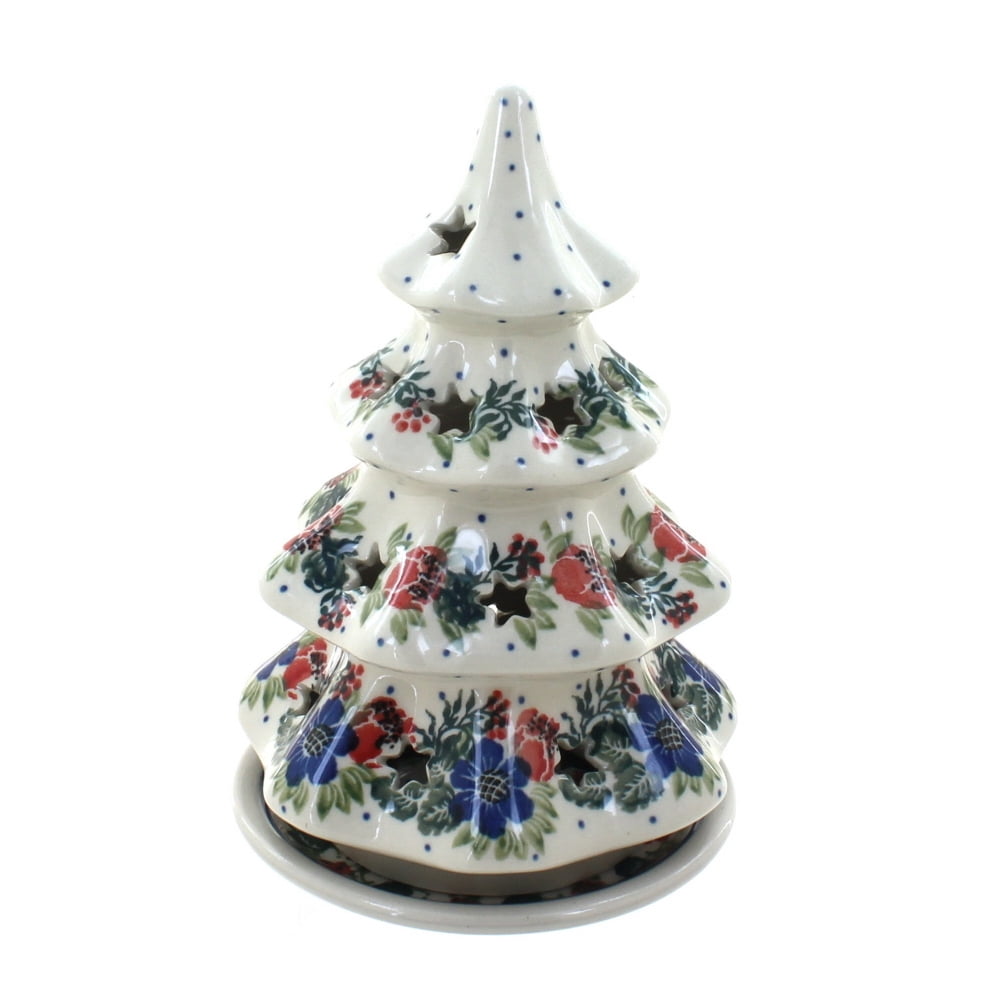 Blue Rose Polish Pottery Holiday Flower Medium Christmas Tree Luminary