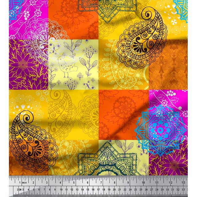 Soimoi Poly Georgette Fabric Mandala & Paisley Patchwork Decor Fabric Printed Yard 42 Inch Wide