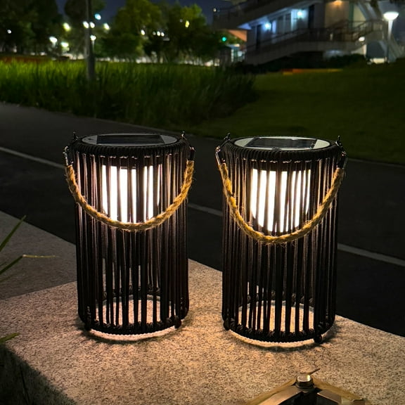 Set of 2 Solar Lantern Outdoor Table Lamp Outside Hanging Solar Lights with Olifen Rope Waterproof Rattan Outside