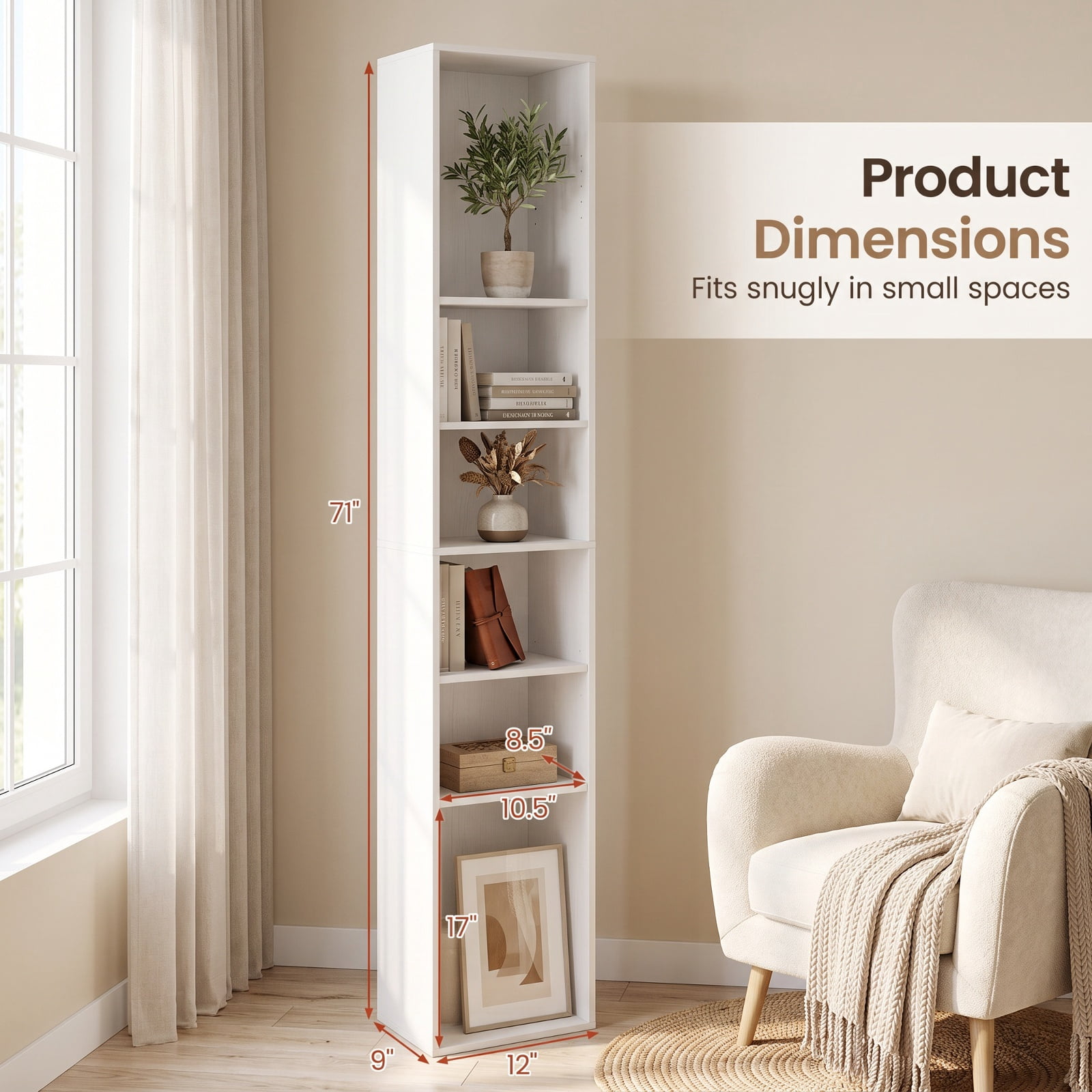 Furnibear 8-Tier Narrow Bookshelf with 4 Adjustable Shelves and Storage Cubes for Living Room Home Office Bedroom Display Storage Shelf, White