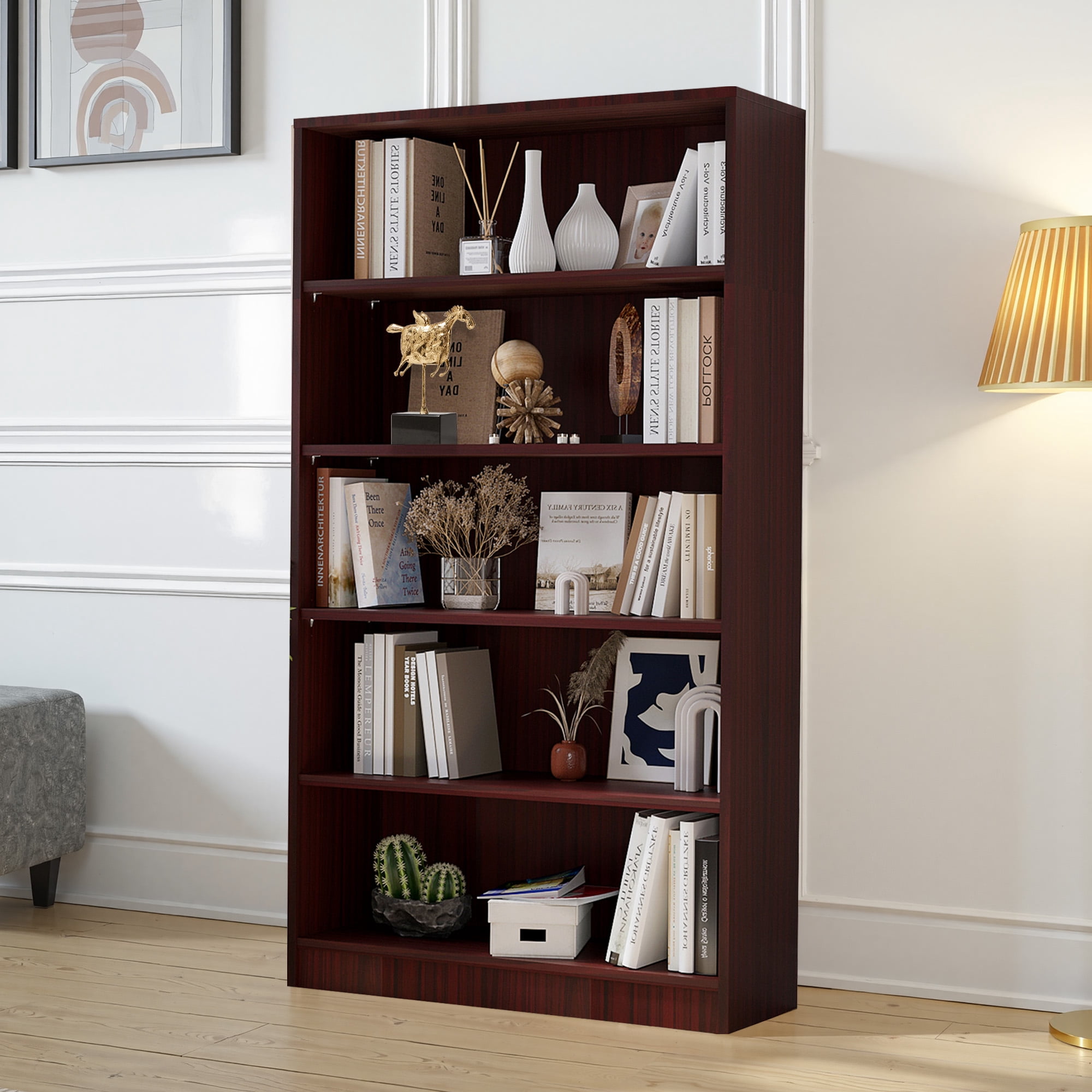 MAYEERTY Mahogany 5-Shelf Modern Wood Bookcase, 60" Tall, for Bedroom, Living Room, and Manga Library
