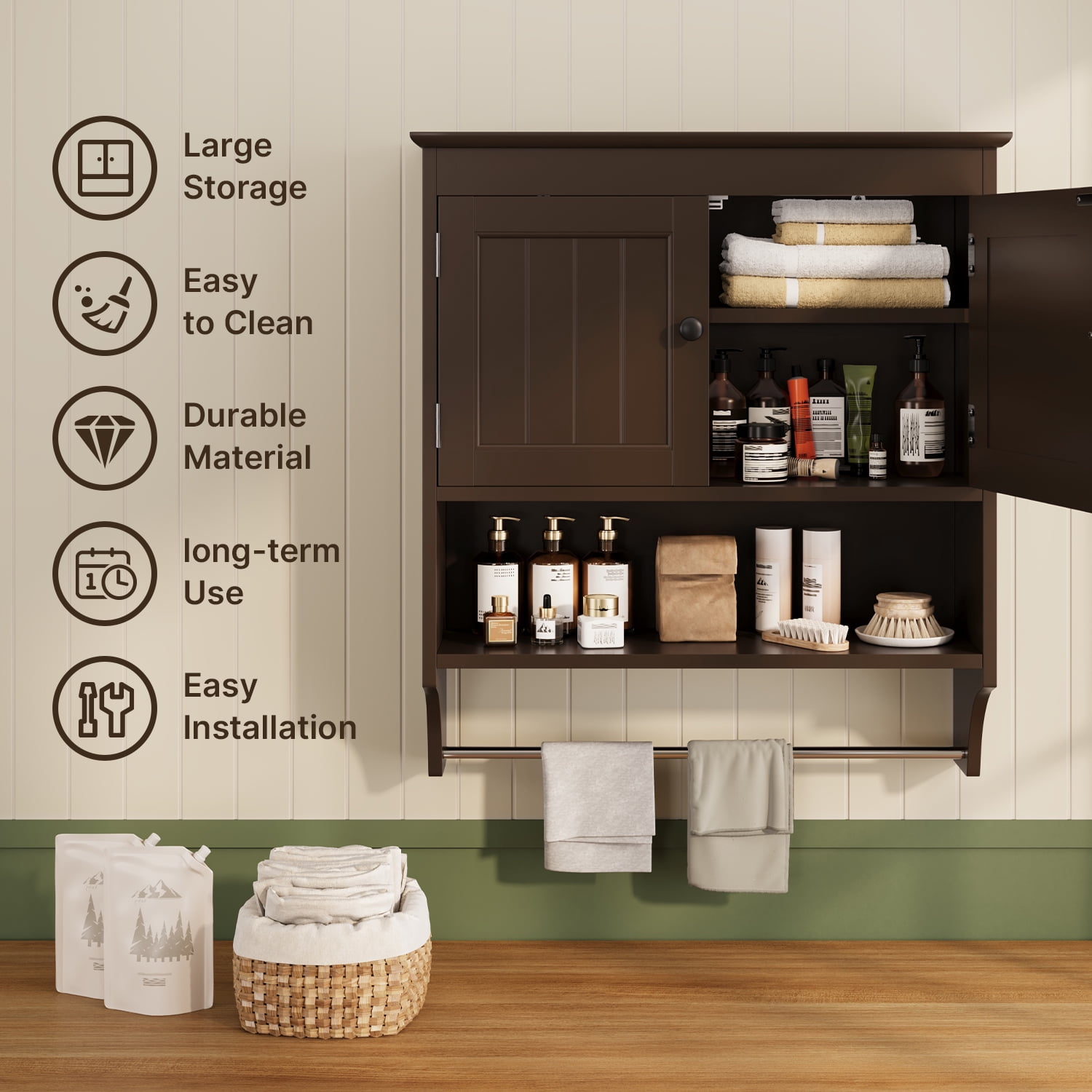 Bathroom Wall Cabinet, Lofka Over Toilet Storage Cabinet with Towels Bar for Bathroom| Laundry Room, Espresso