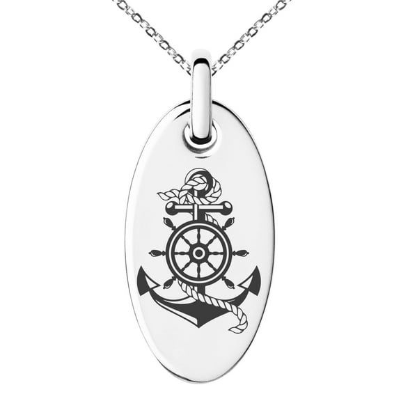 Stainless Steel Nautical Ship Helm & Anchor Engraved Small Oval Charm Pendant Necklace