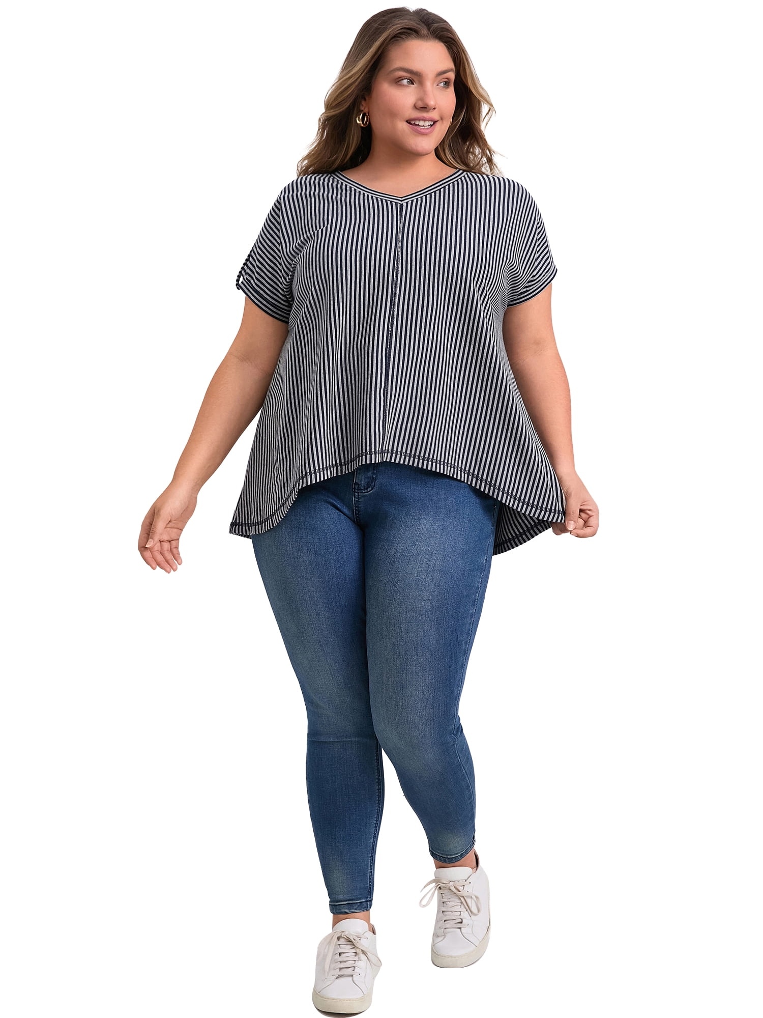 DARING DIVA Women's Plus V Neck Vertical Stripe Drop Shoulder Blouse 2X Blue Gray