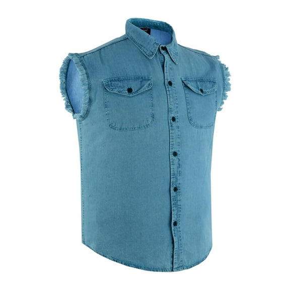 Daniel Smart Cotton Denim Sleeveless Frayed Design Button Down Shirts for Men - Cut Off Denim Shirt with Chest Pockets