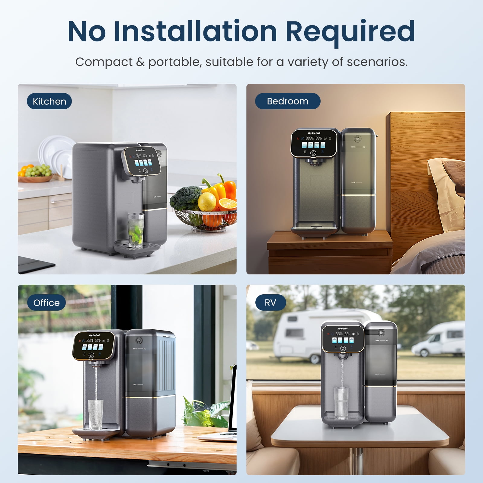 Hydrofast C100 Countertop RO Water Purifier, Home Water Purifier, Chilled (50°F) & Room Temp Water, 6-Stage Filtration, No Installation, Gray