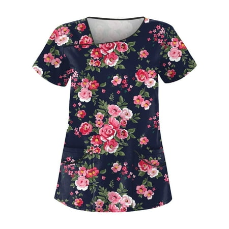 

BIZIZA Scrub Tops Casual Plus Size Floral Graphic Scrub tops V Neck Short Sleeve with Two Pocket Womens Fashion Tops Clearance Navy M