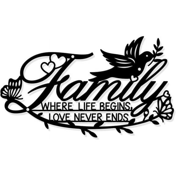 Family Sign Metal Wall Art Decor Where Life Begins and Love Never Ends Word Wall Hanging Decor