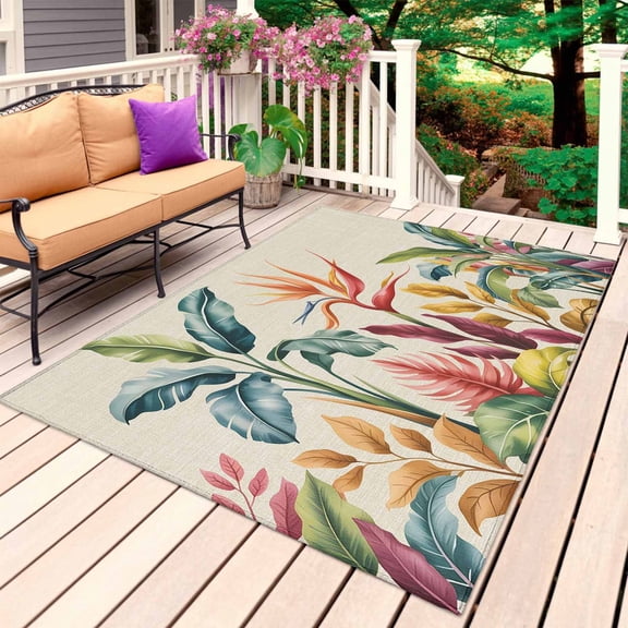 Tropical Plants Outdoor Rug for Patio/Deck/Porch, Non-Slip Large Area Rug 5 x 7 Ft, Summer Vintage Botanical Flower Leaf Beige Indoor Outdoor Rugs Washable Area Rugs, Camping Rug Carpet Runner