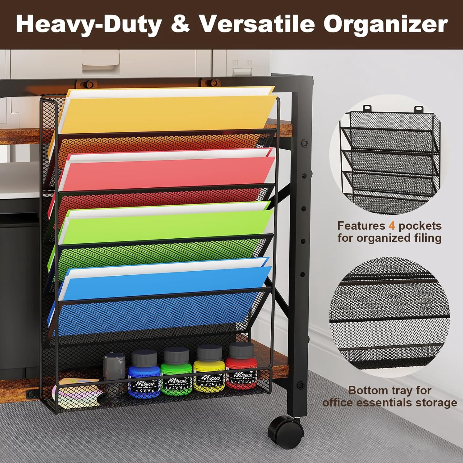 POAO Large Printer Stand with File Holder Organizer,Adjustable Height Shelf with Wheels,Rolling Printer Cart with Storage for Home Office,Rustic Brown