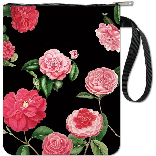 Funda de libro con diseño de flores, funda de tela lavable con cremallera y bolsillo adicional.