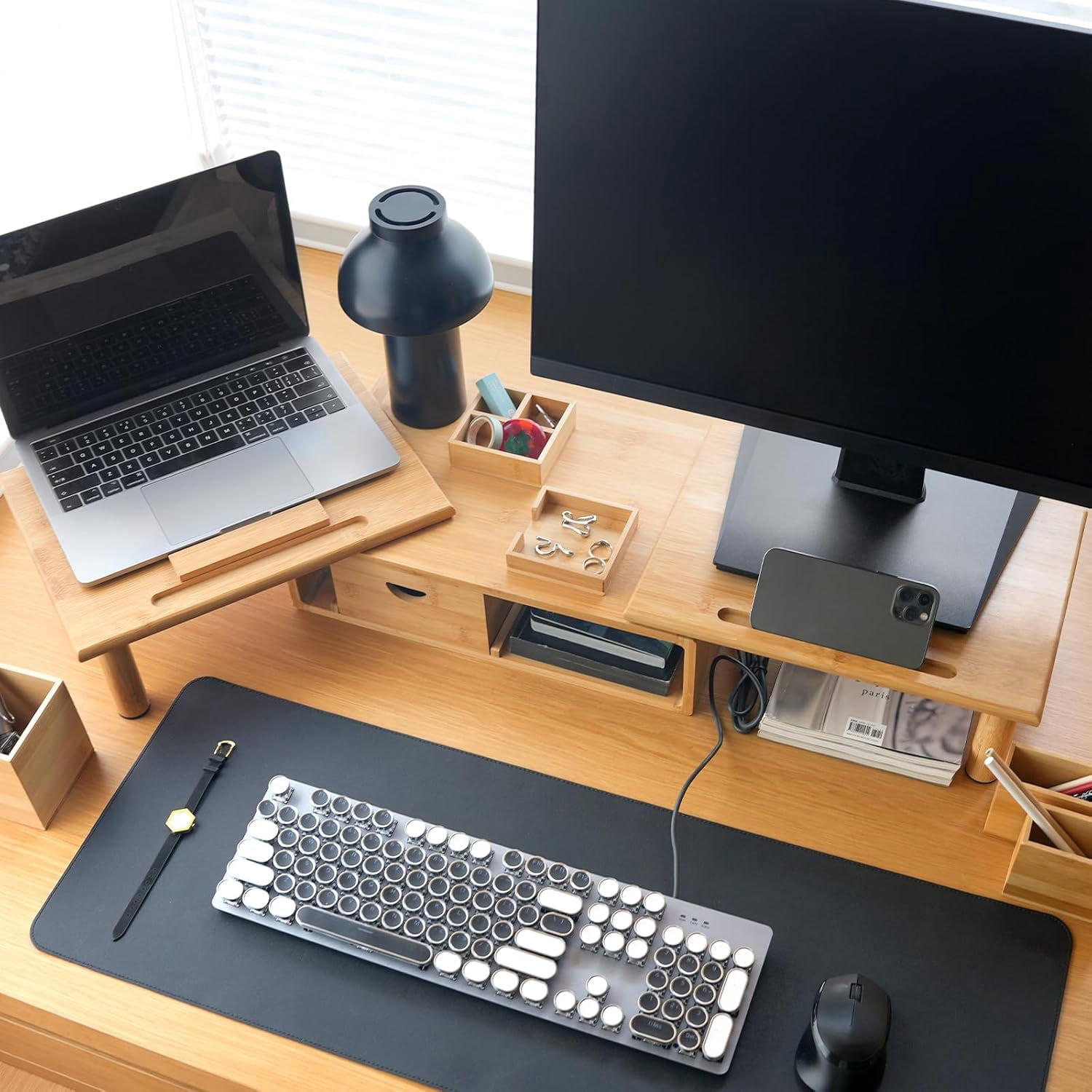 Dual Monitor Stand Riser with Drawer for Desk Laptop Shelf Adjustable Length Angle  Computer Stand for 2 or 3 Monitors Screen PC TV Natural