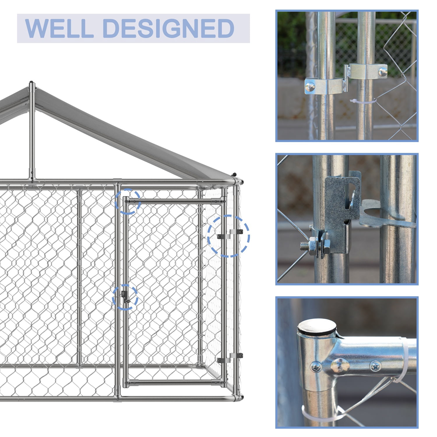 DetalleGo Large Outdoor Dog Kennel, Heavy Duty Galvanized Steel Dog Enclosure with Waterproof UV-Resistant Cover, Lockable Door Chain Link Playpen for Large Pets (90" L x 90" W x 65" H)
