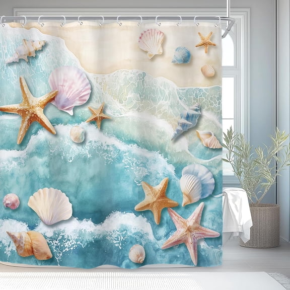 Ocean Beach Shower Curtain Seashell and Starfish Waterproof Fabric Bathroom Decor with Hooks 71x71 inches