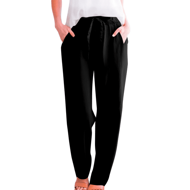 Pantalones informales de lino lisos para mujer con cintura elástica y cordón