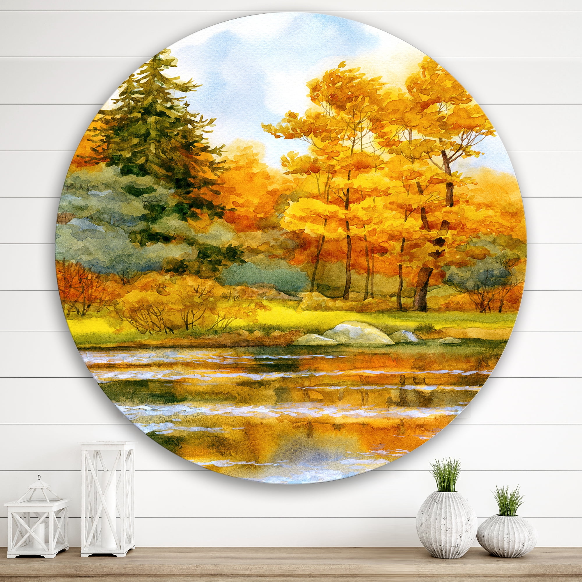 Designart 'Autumn Forest By The Lake Side II' Lake House Circle Metal Wall Art 29x29 - Disc of 29