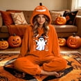 thumbnail image 5 of Matching Halloween Pumpkin Onesie Costume for Adults, Flannel Hooded Pumpkin Pajamas with Ghost Print, Halloween Pajamas for Women and Men, Ultra Soft Oversized Jumpsuit Loungewear for Trick or Treat, 5 of 8