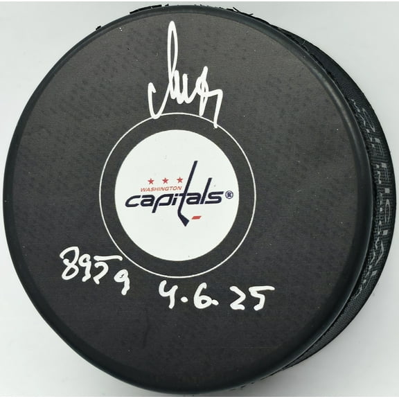 Alex Ovechkin Autographed Washington Capitals Logo Hockey Puck Washington Capitals "895G 4.6.25" Fanatics Holo Stock #253719