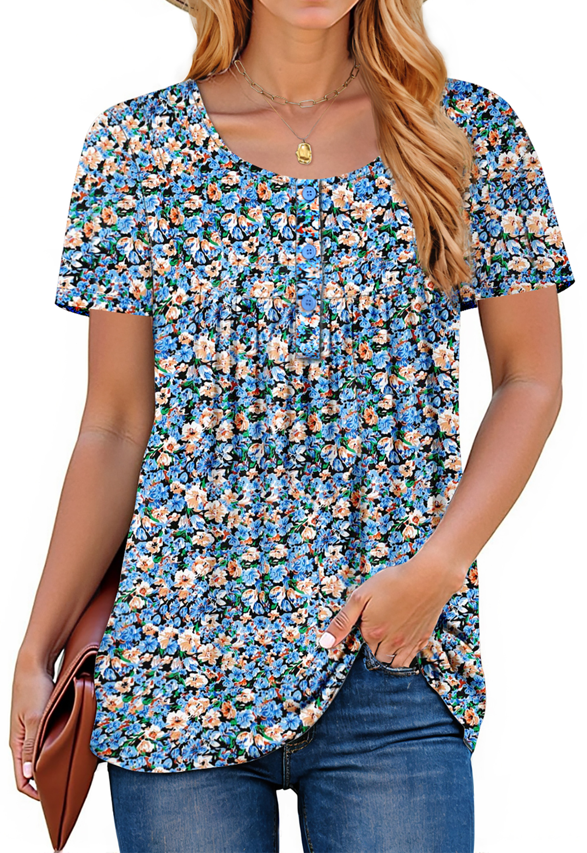 Fantaslook Women's Henley Short Sleeve Floral Tunic Blouse photo 2