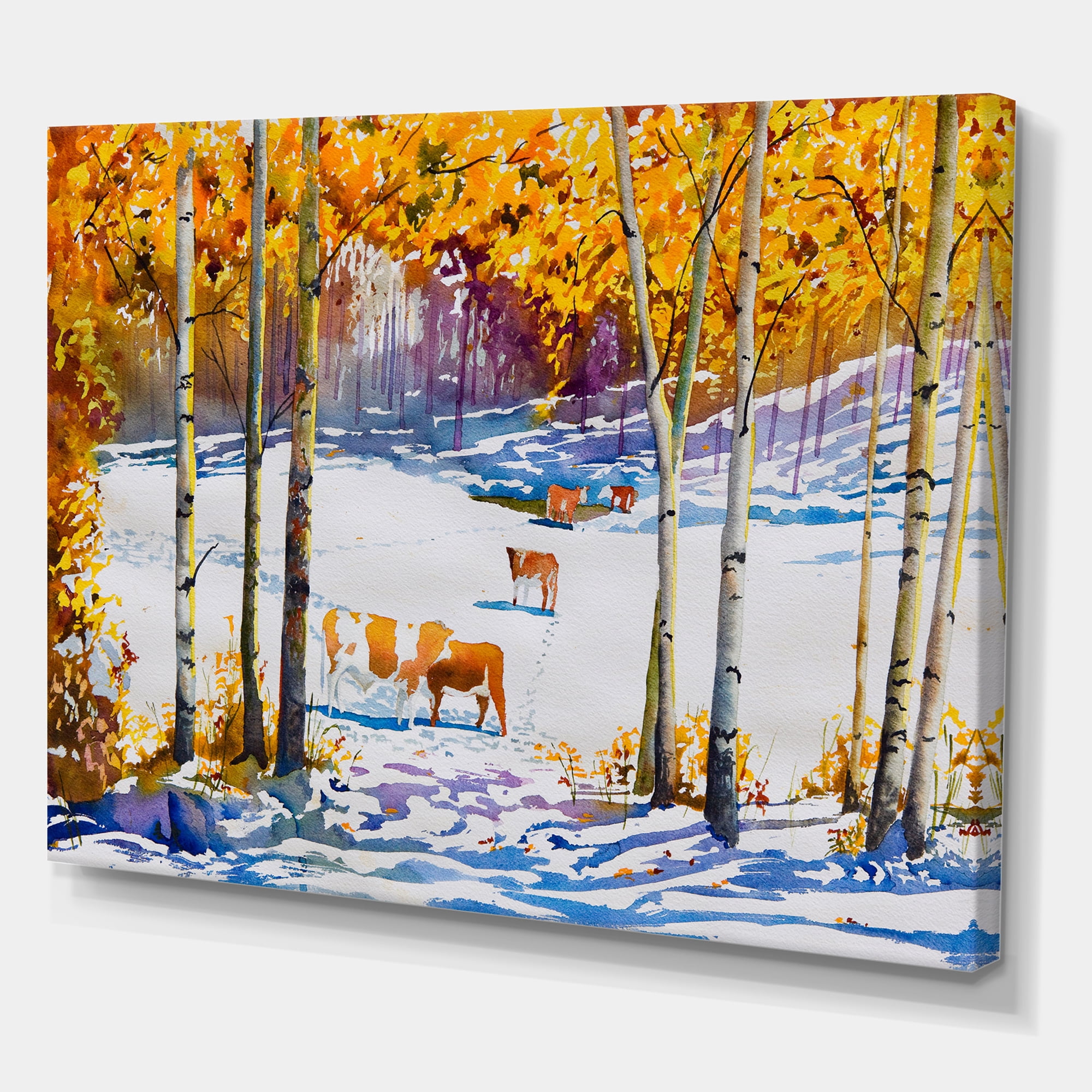 Cattles In The Early Snow In The Tree Forest 32 in x 24 in Painting Canvas Art Print, by Designart