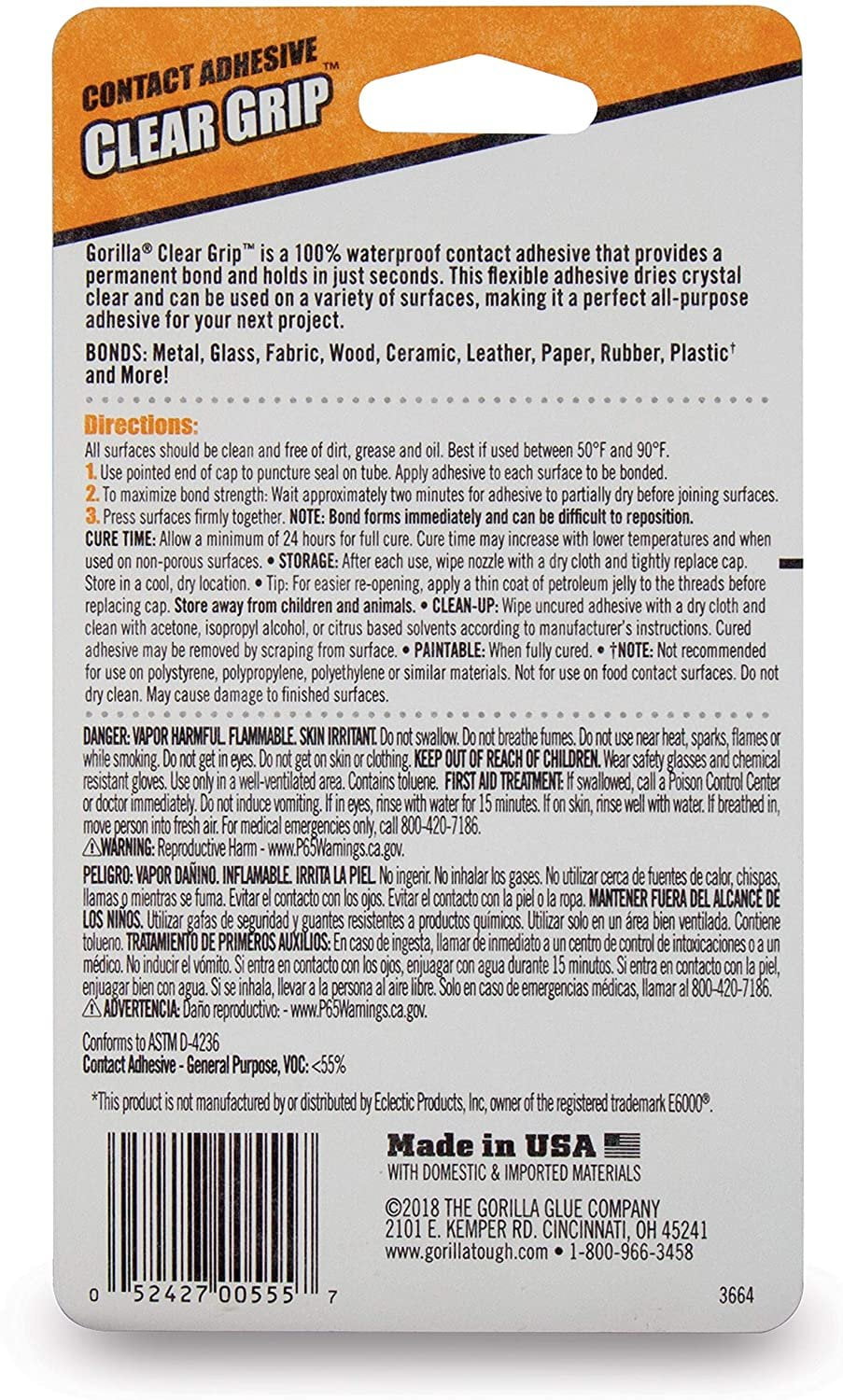 6-pack Gorilla Clear Grip Contact Adhesive Minis - Waterproof, Clear - 6 Pack, 0.2 oz Tubes — Residential Use, Standard Application