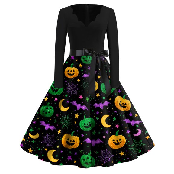 Women's Halloween Hepburn Dresses Moon Pumpkin Crew Neck Funny Hepburn Dresses Spider Webeb Bat Long Sleeve Spooky Hepburn Dress, XL