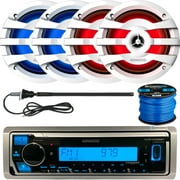 Kenwood KMR-M328BT Single DIN Marine/MotorSports SiriusXM Ready USB Bluetooth Digital Media Receiver, 2 Pairs (QTY 4) of 6.75" 2-Way 260 Watts Max White LED Speakers, Antenna, Speaker Wire