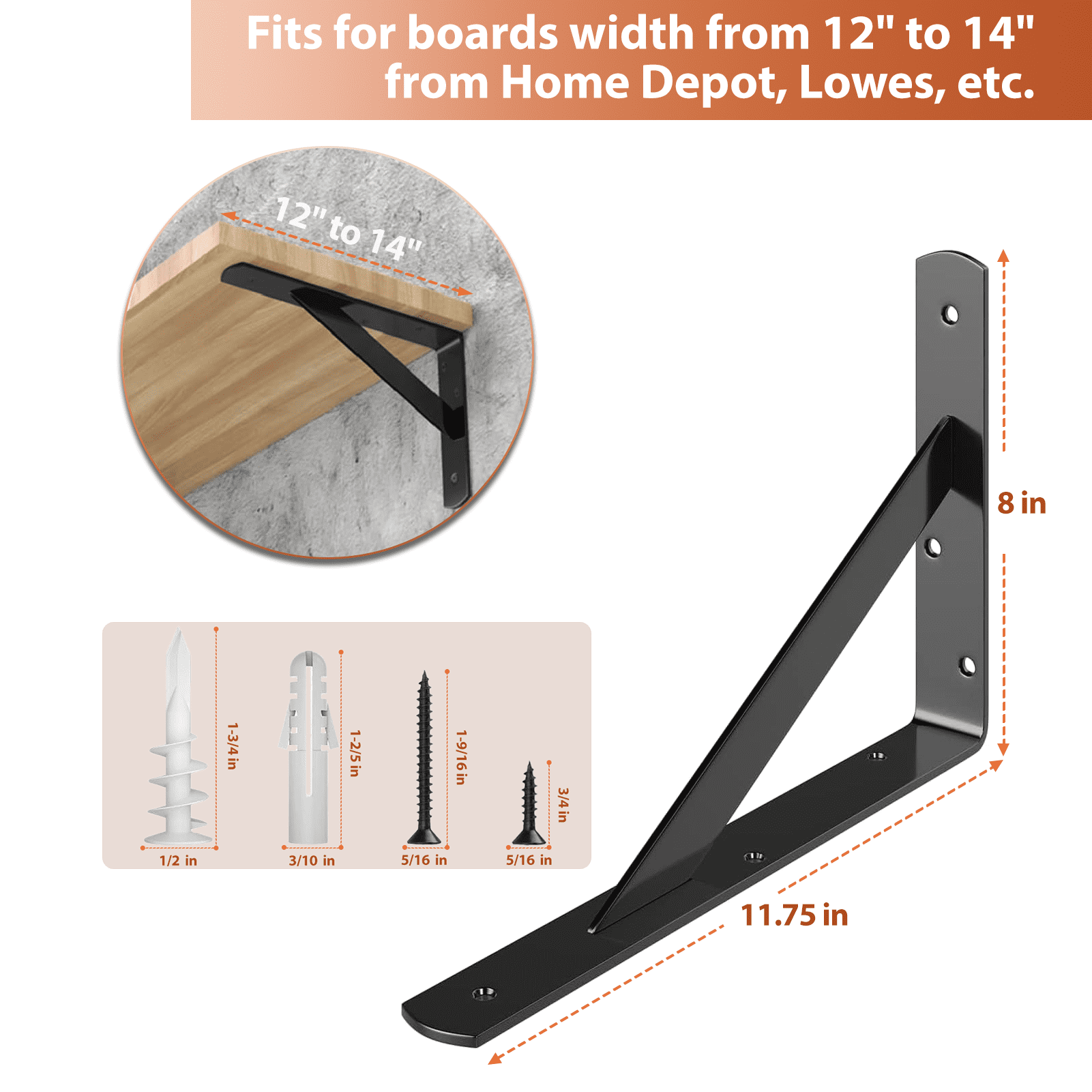 12-Pack Heavy Duty Shelf Bracket 11 Inch, Wall Fit for 11-16 Inch Floating Shelves, L Brackets with 90 Degree Triangle, 250 LBS Max Load, Shelf Mounting Hardware Included, Black