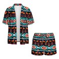 thumbnail image 4 of FKEKYI American Tribal Geometric Print Womens Summer Shirt Set 2 Piece Sets Vacation Outfits Open Front Shirt Top & Shorts with Elastic Waist Beachwear Lounge Set, M, 4 of 7