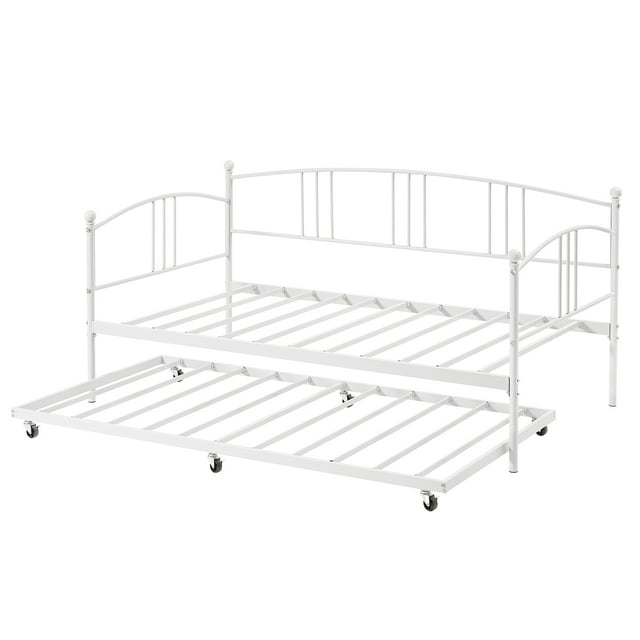 White Twin Daybed with Trundle, Space-Saving Sofa Bed for Guest Room & Small Spaces, Pull Out Bed Frame with Arch Headboard, No Box Spring Needed, Easy Assembly