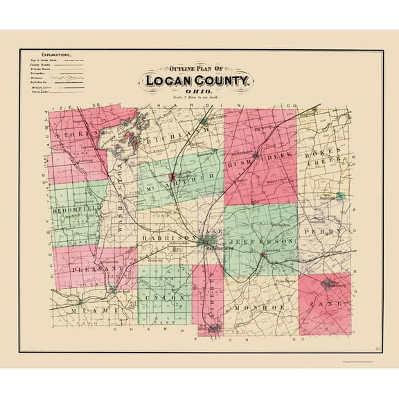 Historic County Map - Logan County Ohio - Lake 1890 - 23 x 27.05 - Vintage Wall Art