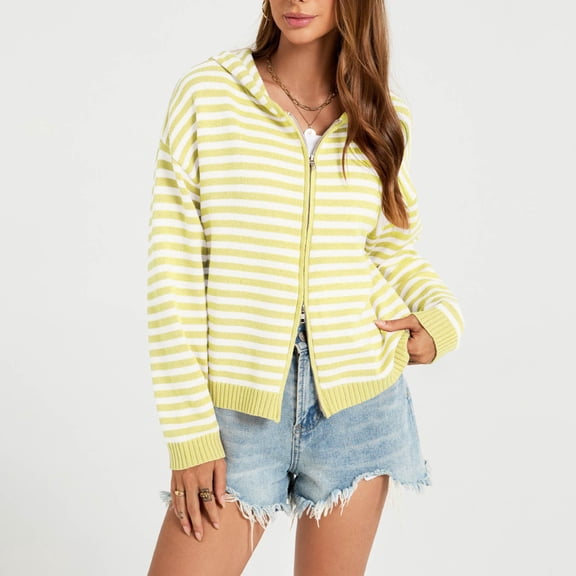 Gamivast Striped Hoodies for Women Zip up Knit Cardigan Sweaters Long Sleeve Casual Drop Shoulder Fall Outerwear Lightweight Comfy Jackets Yellow XL