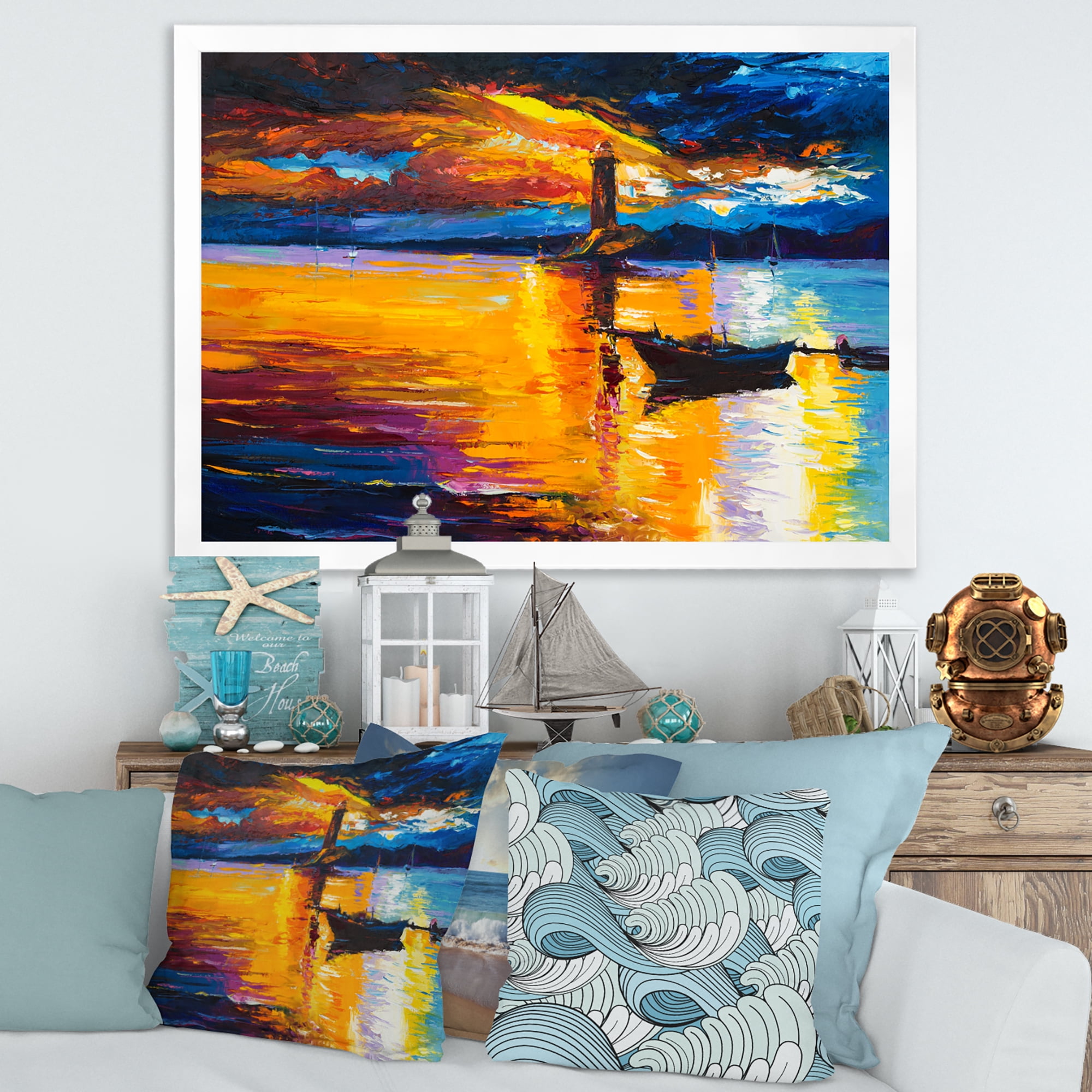 Little Boat By Lighthouse During Evening Glow 32 in x 16 in Framed Painting Canvas Art Print, by Designart