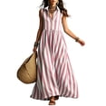 thumbnail image 4 of Lenpel Striped Maxi Dresses for Women Summer Collared Sleeveless Casual Long Dress Fashion Button Flowy Beach Vacation Sundresses, 4 of 5