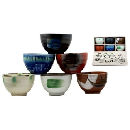 Decorative Wooden Bowls Ebros Japanese Abstract Art Colorful Dinnerware Bowl Set of 6 Made In Japan Spiritual Artistic Pottery Decor In Traditional Wooden Box Packaging Microwave Safe Kitchen Dining Accessory ()