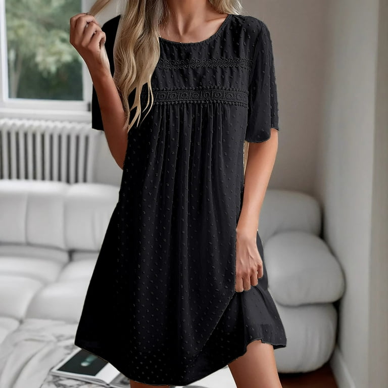 Efsteb Chiffon Dresses for Women Short Sleeve Crew Neck Pompoms Dress  Summer Cute Casual Loose Flowy Beach Vacation Dress (Black,XL) - Walmart.com