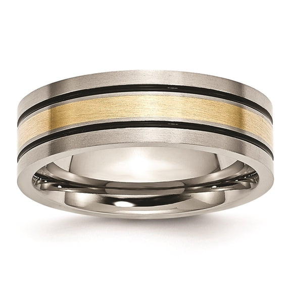 Chisel Titanium Antiqued and Brushed with 14k Gold Inlay 7mm Flat Band