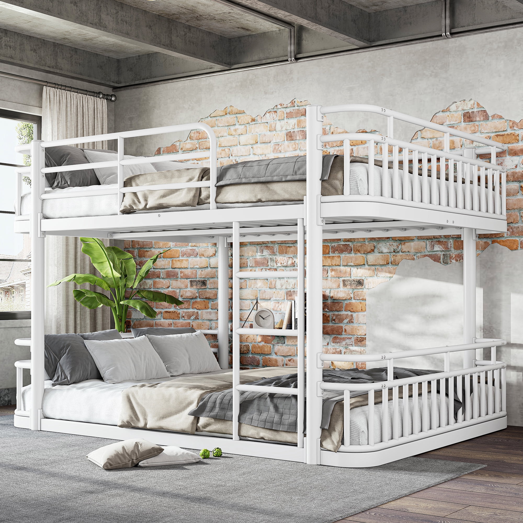 Leumius Queen over Queen Bunk Bed Frame with Ladders & Guardrails, Upgraded Round-Pipe Metal Frame, Stylish & Versatile for Any Room,White