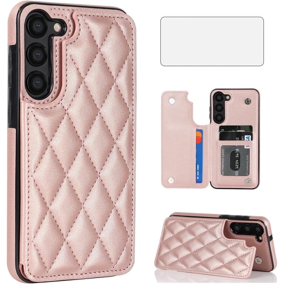 Asuwish Kickstand Hard Shell Wallet RFID Blocking Cell Phone Case with 1 Phone Case 1 Piece Tempered Glass Screen Protector for Samsung Galaxy S23 ,Rose Gold