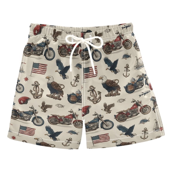 joogoo Boy Swim Trunks Flag Eagle Motorcycles Anchors Bathing Beach Board Shorts M
