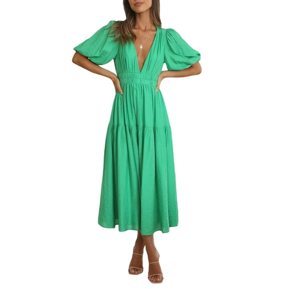 Michellecmm Women's Summer Solid Color Short Sleeve V Neck Pleated Dress