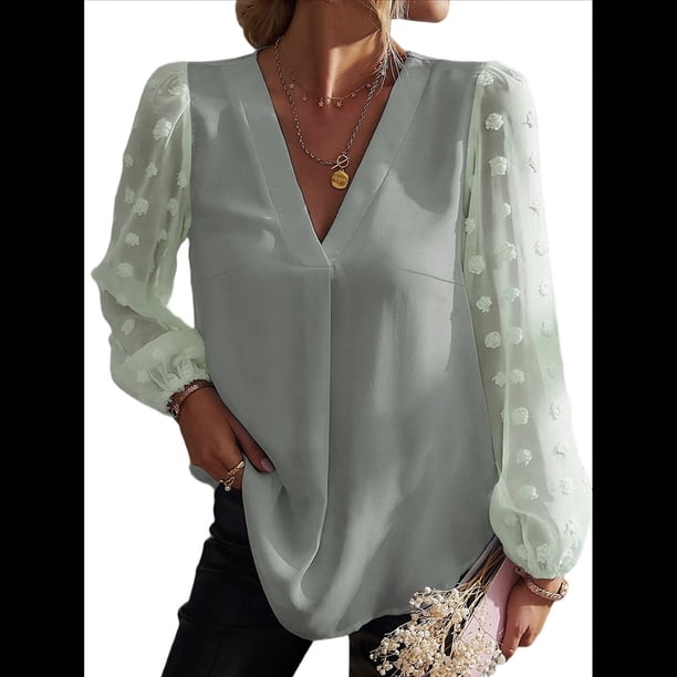 Blusas Casuales de Verano para Mujer, Blusas de Oficina de Larga, Blusas de con Cuello en V y Pompones Verde S
