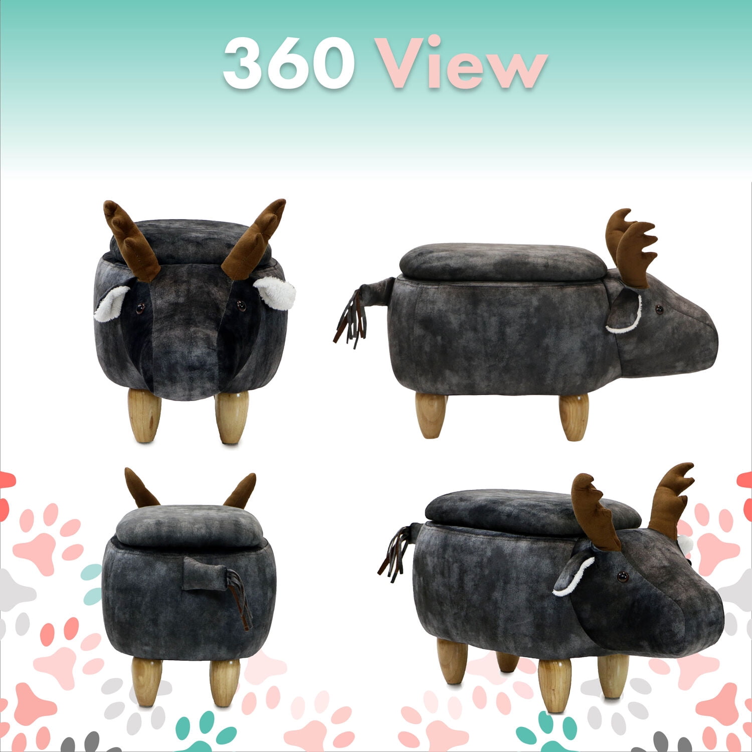 Critter Sitters 15-In. Seat Height Dark Gray Elk Animal Shape Storage Ottoman - Furniture for Nursery, Bedroom, Playroom, and Living Room Decor