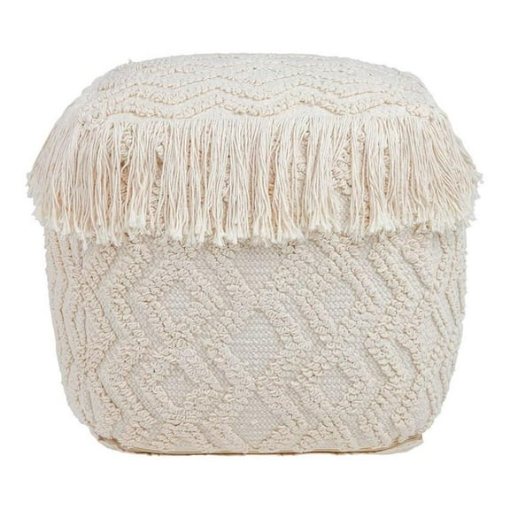 Maklaine 18"H Traditional Style Cotton Fabric Pouf in Cream Finish
