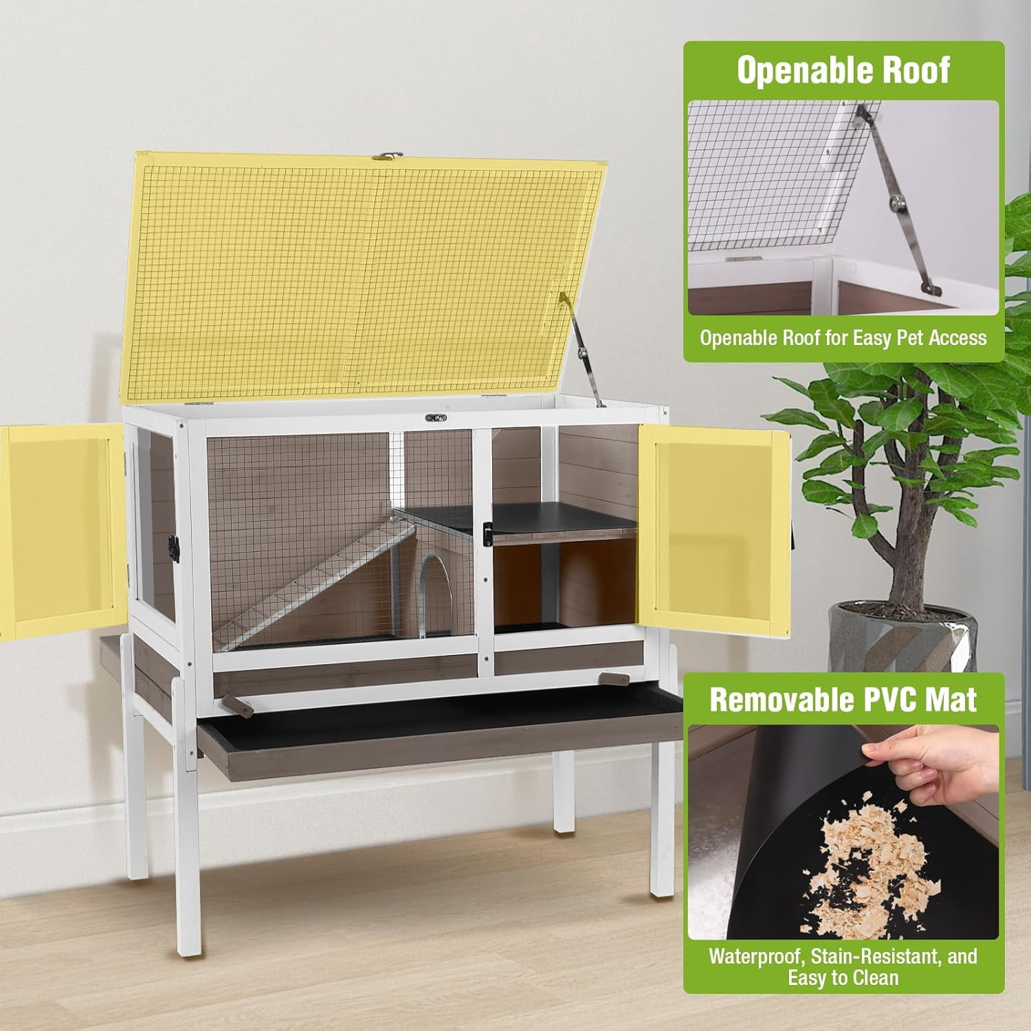 Aivituvin Indoor Rabbit Hutch Guinea Pig Cages with Chew-Proof Ramp, 2-Story Wooden Bunny House with Pull-Out Tray & Leakproof PVC Layer, Small Animal Cage with Detachable Legs